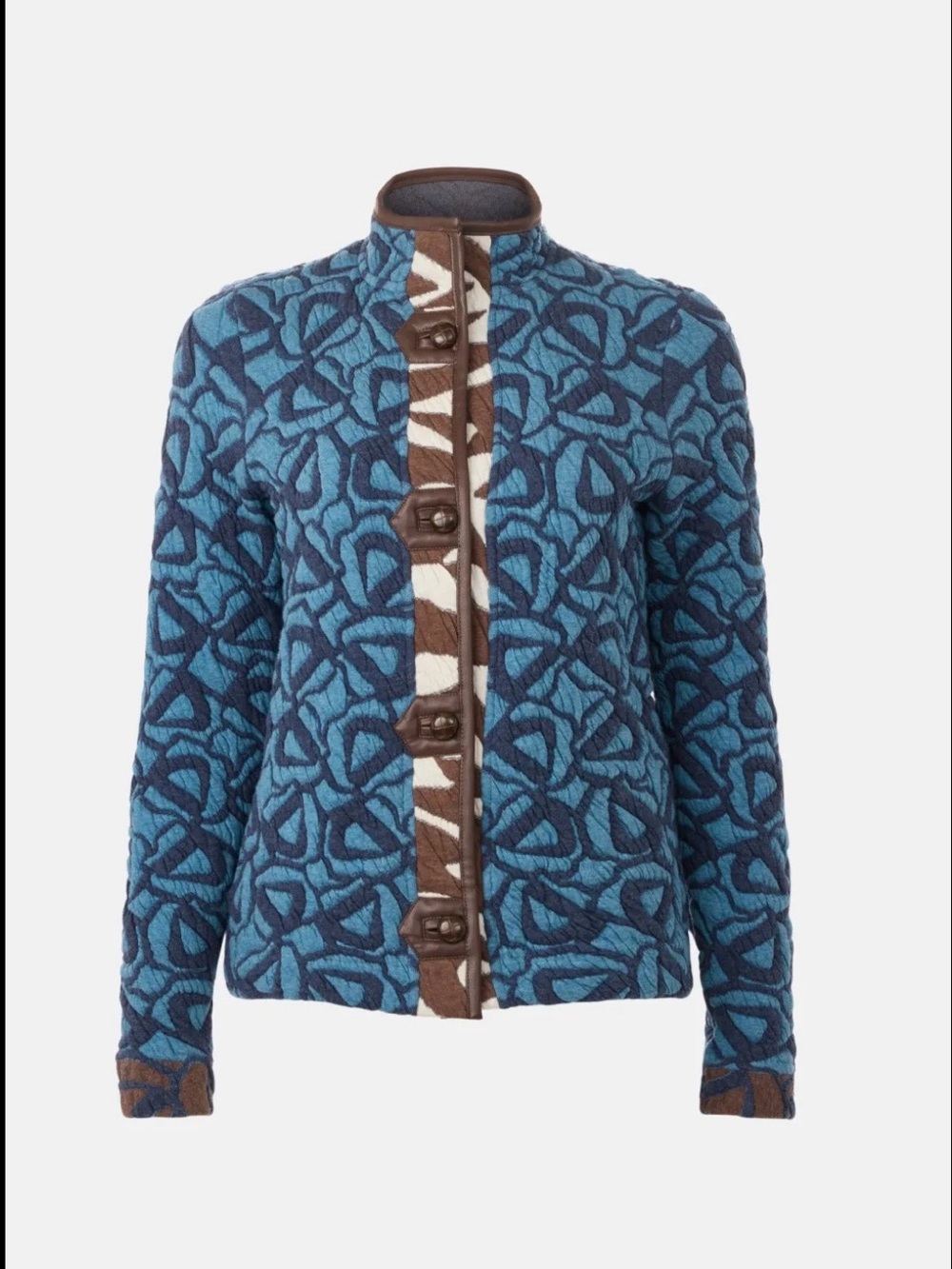 NIC+ZOE Blue Patterned Teddy Jacket with Brown Trim